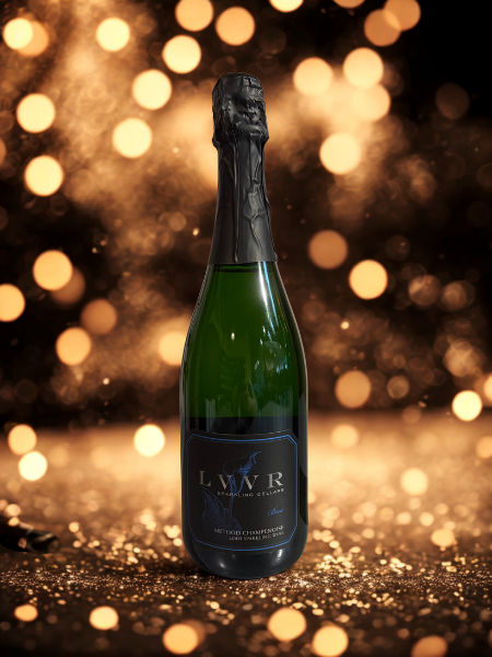 Sparkling wine bottle from Lodi Winegrape Commission with festive background and bokeh lights.