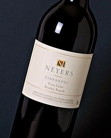 Neyers Zinfandel wine bottle from Borden Ranch, California, with a white label and gold accents.