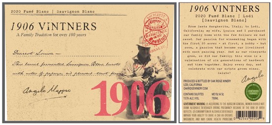 Vintage 1906 Vintners Sauvignon Blanc wine label from Lodi, California, with a black and white illustration and red accents.