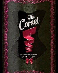 The Corset wine label from Lodi Winegrape Commission featuring a pink corset illustration.