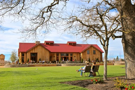 Scenic view of a rustic winery building with a red roof in Lodi, California, surrounded by trees and a lush green lawn.