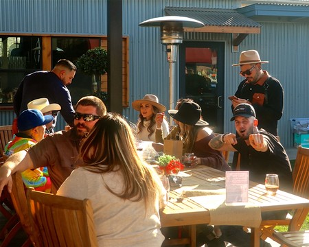 People enjoying outdoor dining at a Lodi wine event with wine glasses and a sunny setting.