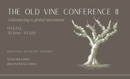 Promotional banner for The Old Vine Conference focusing on global wine movement and online registration.