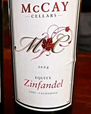 Close-up of McCay Cellars Zinfandel 2008 wine label from Lodi, California, featuring elegant design and vintage details.