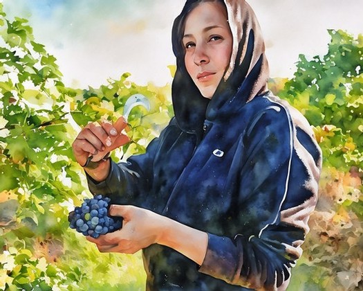 Young woman in a hoodie holding a bunch of grapes in a vineyard during harvest.