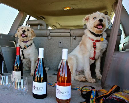 Two dogs in a car trunk with wine bottles and glasses, promoting Lodi Winegrape Commission.