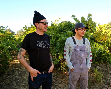 Two people visiting a vineyard, one in a black beanie and sunglasses, the other in a cap and overalls, surrounded by grapev��.