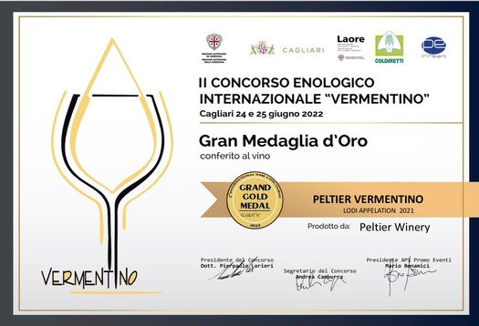 Certificate for Vermentino wine awarded at the Vermentino Enological Contest in Cagliari, June 2022.