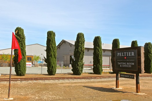 Peltier Winery tasting room and offices in Lodi, surrounded by tall cypress trees and a clear blue sky.