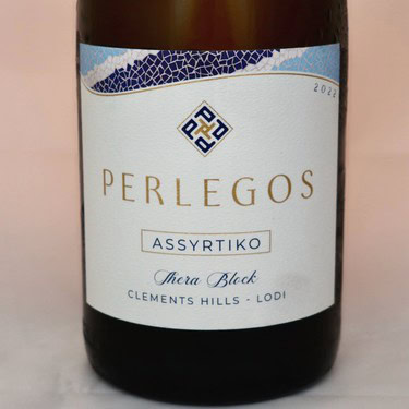 Perlegos Assyrtiko wine bottle from Clements Hills, Lodi, California, with modern label design.