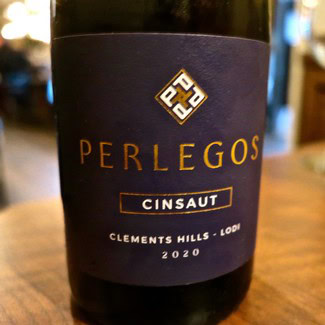 Close-up of Perlegos Cinsaut wine bottle label from Clements Hills-Lodi, vintage 2020.