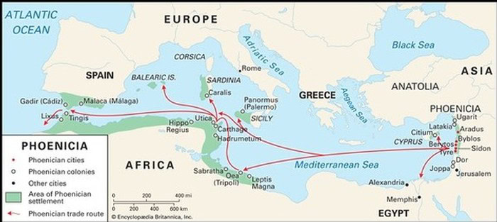 Map of Phoenician trade routes across Europe, Africa, and Asia highlighting key cities and maritime paths.