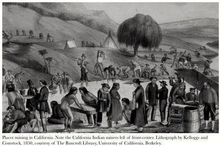 California Indian miners and settlers working in placer mining, 1850 lithograph by Kellogg and Comstock.