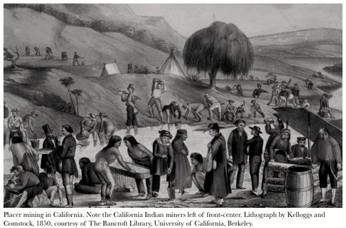 California Indian miners working in placer mining, 1850 lithograph by Kellogg and Comstock, Bancroft Library.