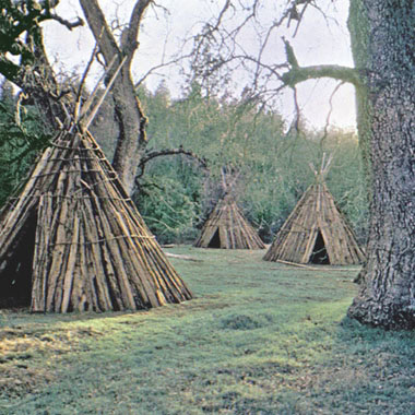 Traditional Native structures made of wood in a natural outdoor setting for Lodi Winegrape Commission.