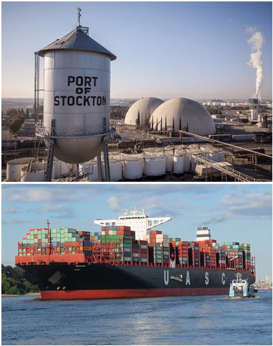 Industrial port scene with a container ship and storage tanks, showcasing Stockton's shipping and logistics operations.
