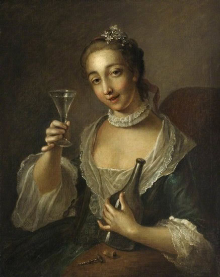 Portrait of a woman holding a wine glass and bottle, dressed in historical attire, with a confident expression.