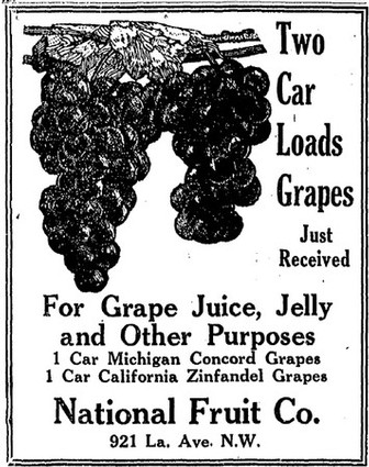 Old black and white ad showing bunches of grapes for grape juice, jelly, and other uses from National Fruit Co.