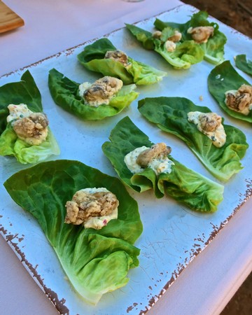 Close-up of fresh lettuce wraps with a creamy filling on a white surface.