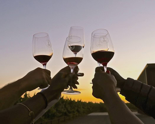 People clinking wine glasses during sunset at Lodi Winegrape Commission event.