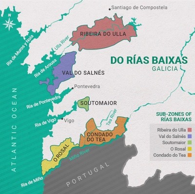 Map of Rías Baixas wine region in Galicia, showing sub-zones and rivers.