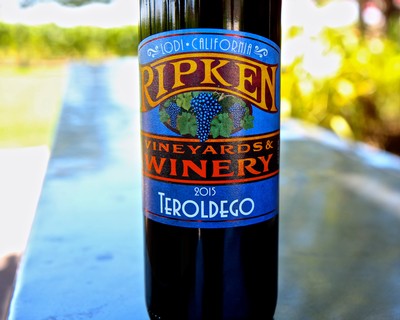 Close-up of Ripken Vineyards & Winery 2015 Teroldego wine bottle from Lodi, California.
