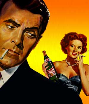 Classic vintage scene featuring a man with a cigarette and a woman holding a wine bottle, set against a warm sunset backdrop.