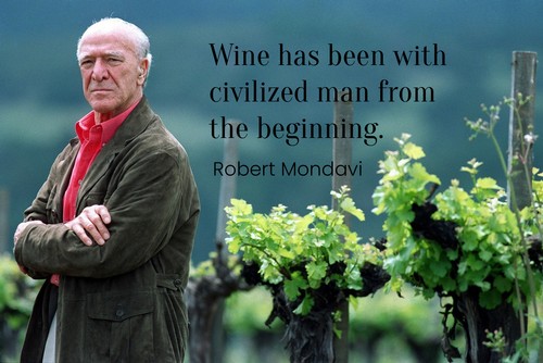Man standing in a vineyard with lush grapevines and a quote about wine and civilization by Robert Mondavi.
