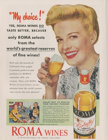 Vintage advertisement for Roma Wines highlighting wine quality and selection from California's finest reserves.