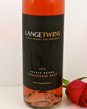 Lodi Sangiovese Rosé wine bottle from LangeTwins Family Winery and Vineyards, estate grown, 2018 vintage.