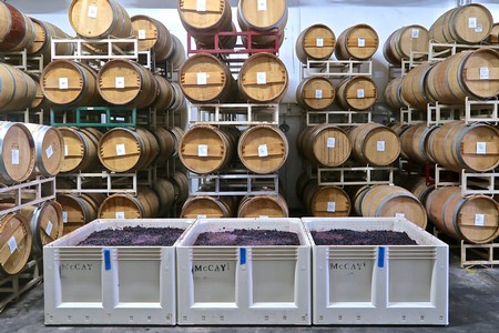 Rows of wine barrels stored on racks at Lodi Winegrape Commission facility.