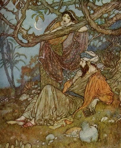 Artistic illustration of a woman and man in a natural setting, with detailed foliage and moonlit sky, representing Lodi wineg.