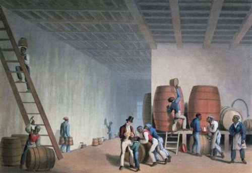 Historical winery scene with workers harvesting and processing grapes in a large cellar.