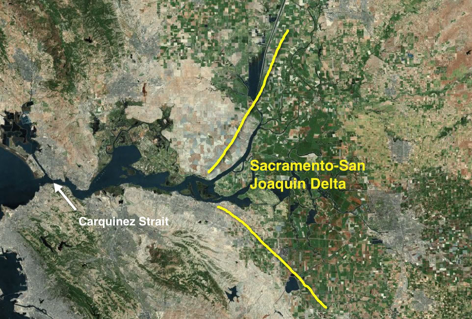 Map of Sacramento-San Joaquin Delta showing Carquinez Strait and major waterways in California.