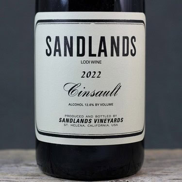 Sandlands Cinsault 2022 wine bottle from Sandlands Vineyards, California, with alcohol content 12.6%.