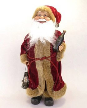 Santa Claus figurine dressed in red with a white beard, holding a bottle, perfect for Christmas decoration.