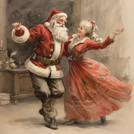 Santa Claus and girl dancing joyfully, celebrating Christmas in a festive indoor setting.