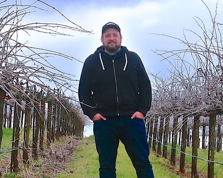 Man standing in a vineyard during winter, surrounded by leafless grapevines in Lodi, California.