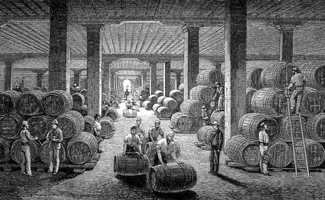 Historical wine cellar with workers handling barrels, showcasing traditional wine storage and production methods.