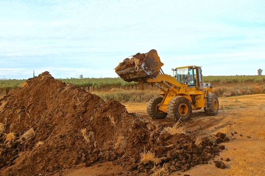 Heavy machinery moving soil in a vineyard for winegrape cultivation in Lodi, California.