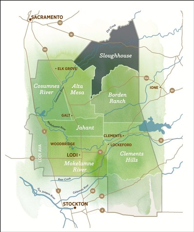 Map of Lodi wine region highlighting key areas like Alta Mesa, Mokelumne River, and Clements Hills.