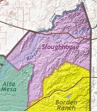 Map of Lodi Winegrape Commission regions showing Sloughhouse, Alta Mesa, and Borden Ranch areas.