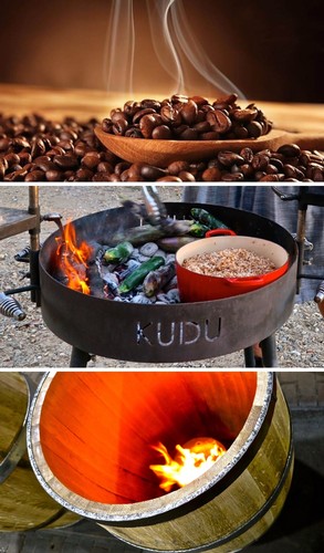 Coffee beans, outdoor fire pit with cooking, and a wine barrel with fire for brewing or heating.