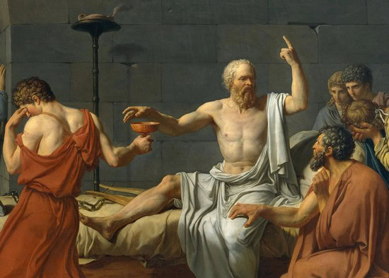 Classical painting of Greek philosophers engaged in a discussion, with one gesturing passionately.