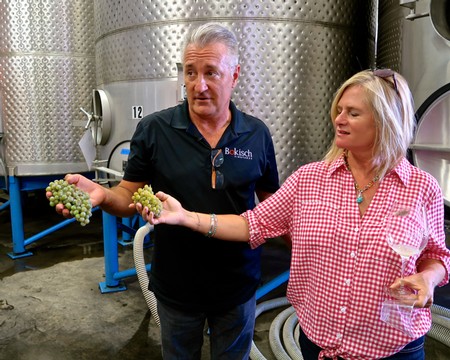 Two people inspecting grapes in a winery, with large fermentation tanks in the background.