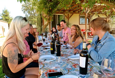 Group of people enjoying wine tasting outdoors at a vineyard, with wine bottles and glasses on the table.