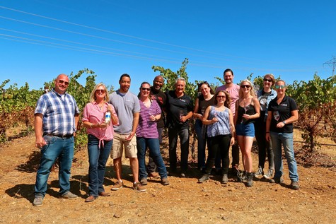 Group of people standing in a vineyard during daytime, smiling and holding wine bottles, showcasing Lodi wine industry.
