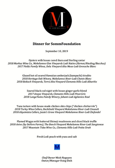 Event menu for SommFoundation dinner featuring oysters, seafood, and wine pairings from Lodi Winegrape Commission.