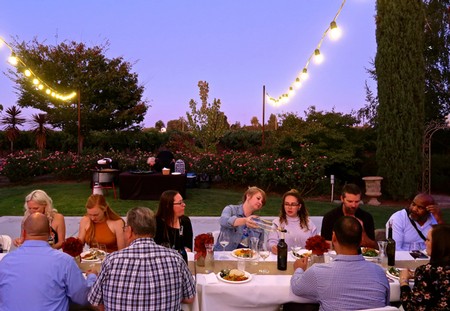 People enjoying a dinner outdoors at sunset with string lights and lush greenery in Lodi, California.