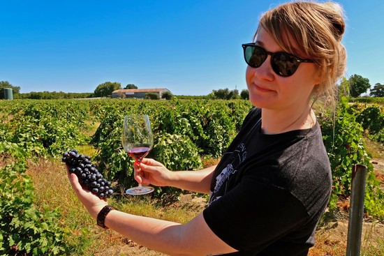 Woman tasting wine and holding grapes in a vineyard during sunny day.
